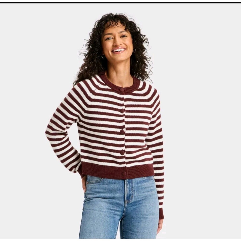 Women's Universal Thread Crewneck Cotton Cardigan Striped Maroon White XXL